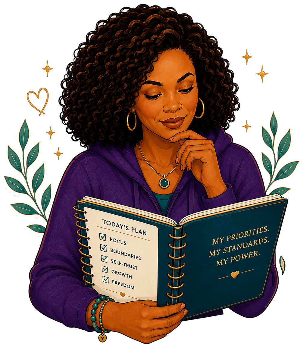 Maya reading and reflecting in her planner