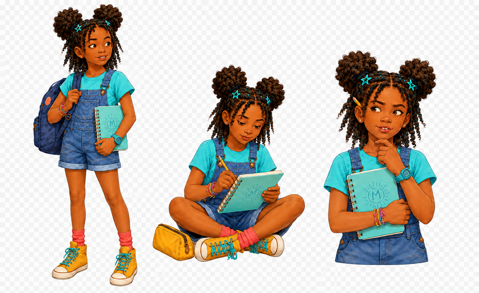 Mika with her aqua notebook, thinking and writing